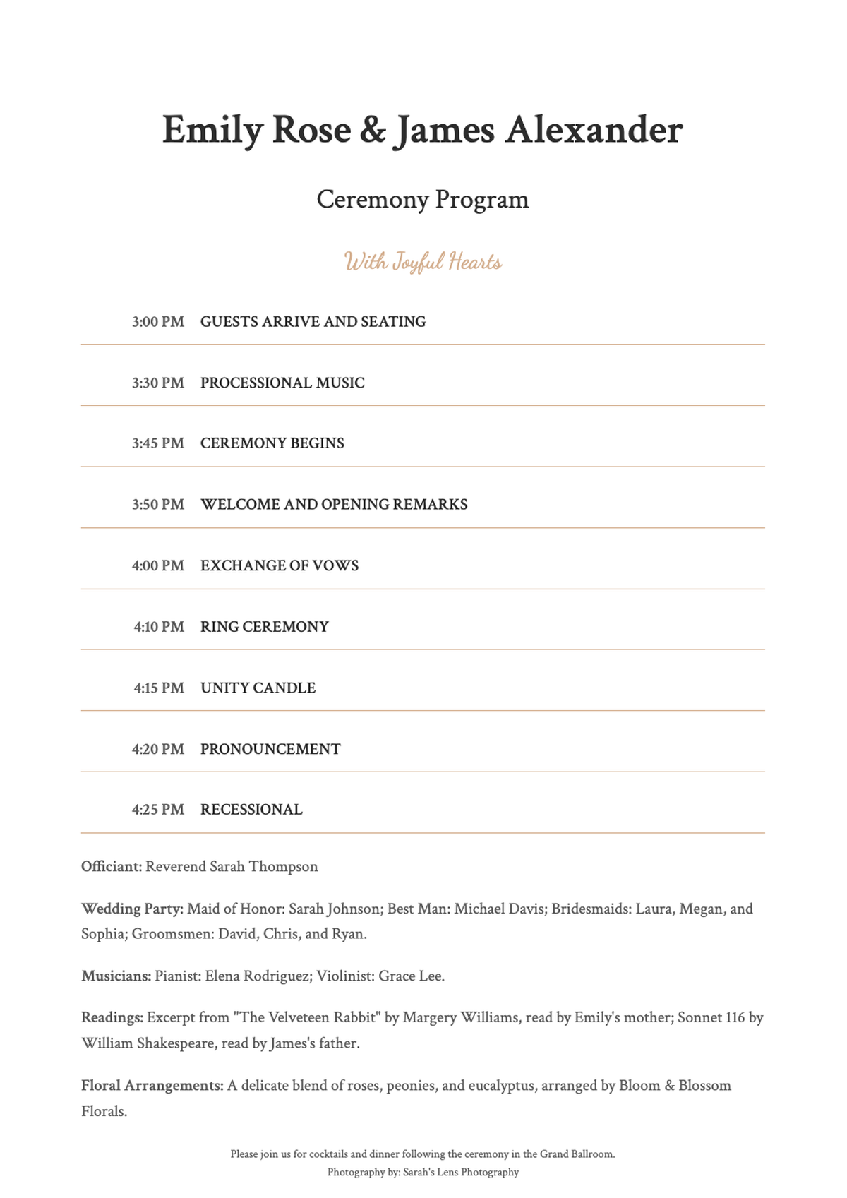 Elegant floral wedding program for Amily and Walker with gold accents and timeline_variant_1